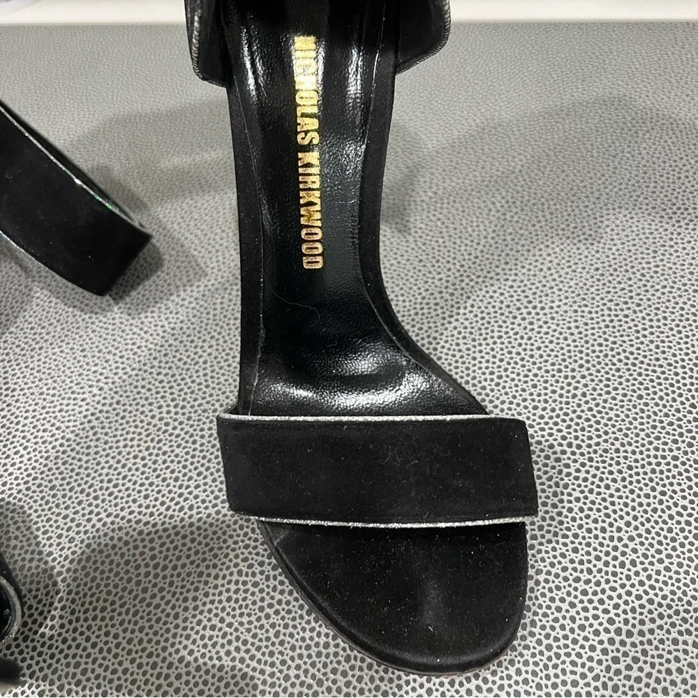 Nicholas KIRKWOOD 🖤 black suede, lace & silver 4 in. strappy heels EUC size 35